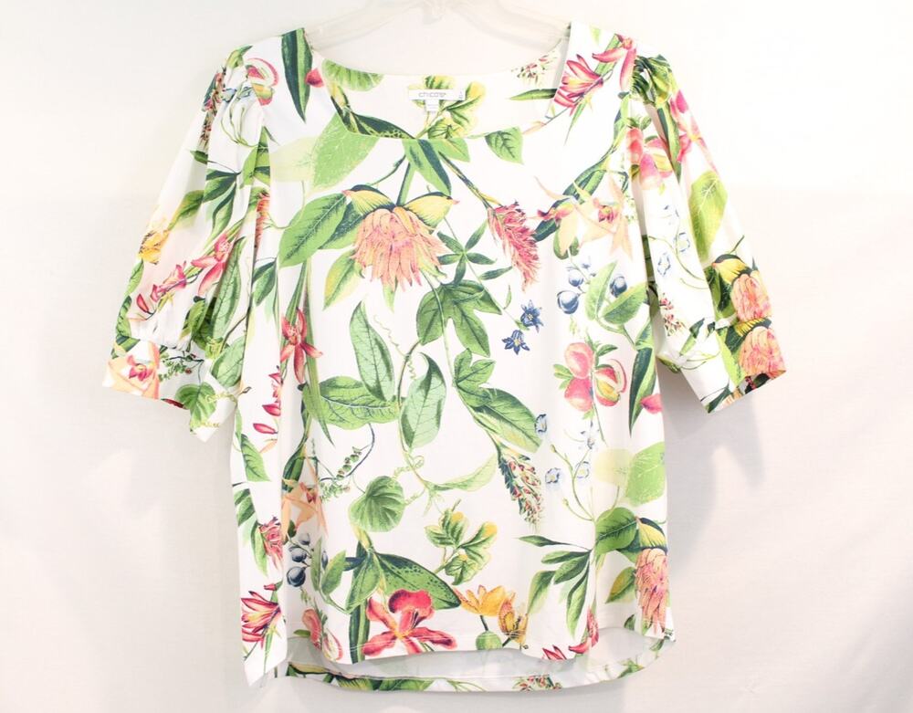 Chicos Tropical Peasant Top Womens size XXL White Square Neck Puff Short Sleeves